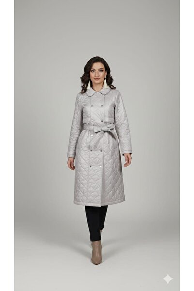 Micca Yumuşak Hafif Kapitone Dolgulu Astarlı ve Taş Biye Garnili Mevsimlik Trench / Kap-Gri