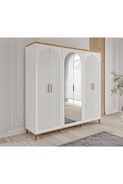 MaceraMobilya Nevada 6 Kapaklı Aynalı Komple MDF Gardırop