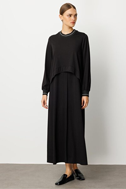 Micca Bambu (Özel İplik) Dökümlü Örme Ribana Detaylı Elbise Kap-Siyah