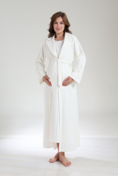 PREGNANT WORLD Women's Ecru Design Winter Long Sleeve Full Length Jacquard Maternity Dressing Gown Nightgown Set