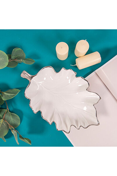 Global-Store Global Store Leaf Serving Platter, 28×17.5×4 cm, White-Silver