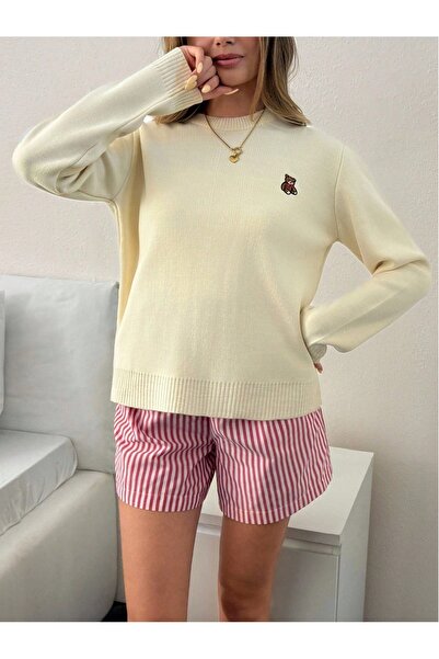 CLOUDY WEAR&DESİGN Women's Crew Neck Teddy Bear Embroidered Knit Sweater
