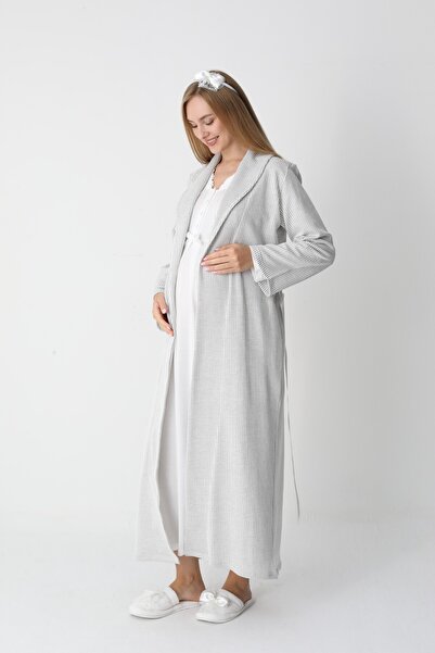 BLACKMORE Women's Ecru Shawl Collar Jacquard Full Length Winter Cotton Maternity Nightgown-Dressing Gown Set