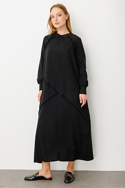 Micca Yumuşak Dokusu ve Zarif Detaylarıyla İpekçe Doku Ribanalı Özel Elbise-Siyah