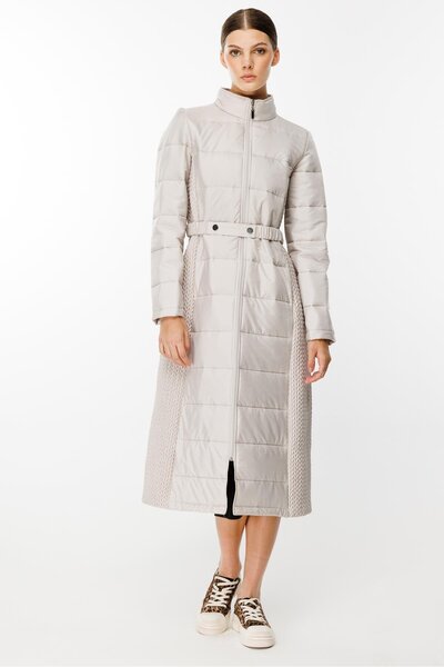 Micca Leaf İşleme Yan Esnek Kapitone Dokuma İçi Dolgulu Kaban Manto-Gümüş