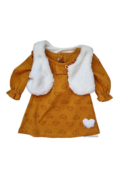 Miniworld Girls' cotton dress with hearts and white fur vest