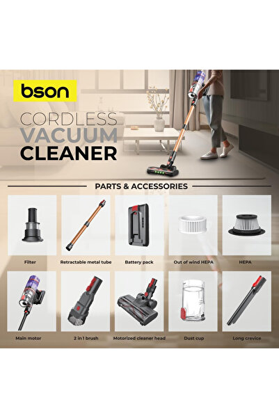 bson Cordless Vacuum Cleaner - 2200mAh, 3-Level Suction (10/15/35 KPA), Smart Touch, Dual Roller, 1.