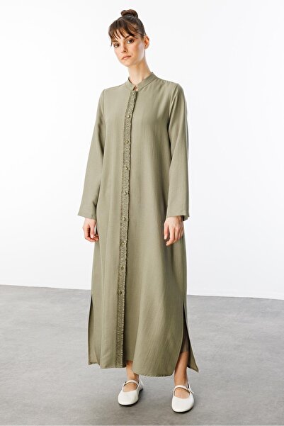 Micca HM Büzgü Detay Ön Pat ve Sırt Alleri İpekçe Doku Spor Zamansız Kap/ Ferace-Haki