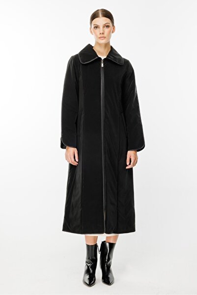 Micca Ruby Kumaş ve Biye Detaylı İçi Elyaf Dolgulu Zamansız Özel Kaban Manto-Siyah