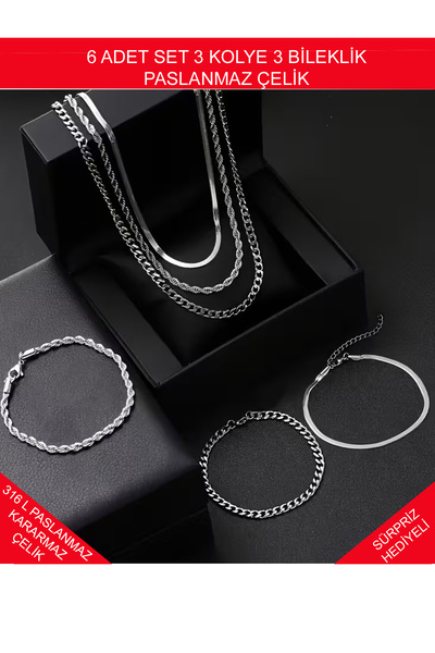 Atolyezone 6 ADET SET 316L PASLANMAZ Zincir Model Titanyum Ithal Kararmaz Çel...