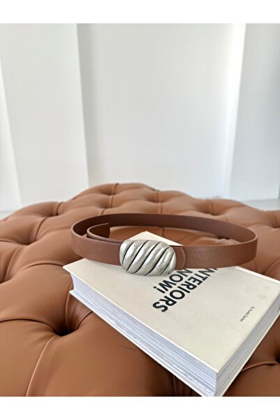 coaksco Women's Silver Mussel Shell Buckle Tan Belt