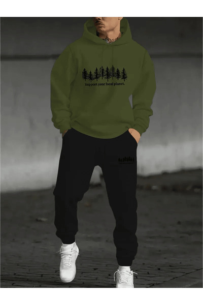 ALEYZA MODA Μινιμαλιστικό αθλητικό ανδρικό σετ φούτερ με θέμα το δάσος