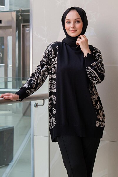 Ghisa Tunic with Knitwear Combination and Floral Pattern on the Sleeves