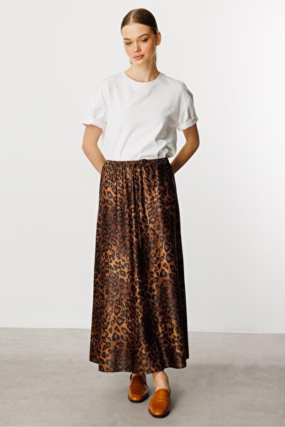 Micca Leopar Desen Verev Dökümlü Yumuşak Kumaştan Zamansız Etek-LEOPAR