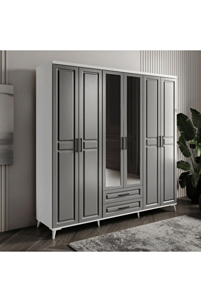 MaceraMobilya Gözde 6 Kapaklı Aynalı Komple MDF Antrasit-Beyaz Gardırop