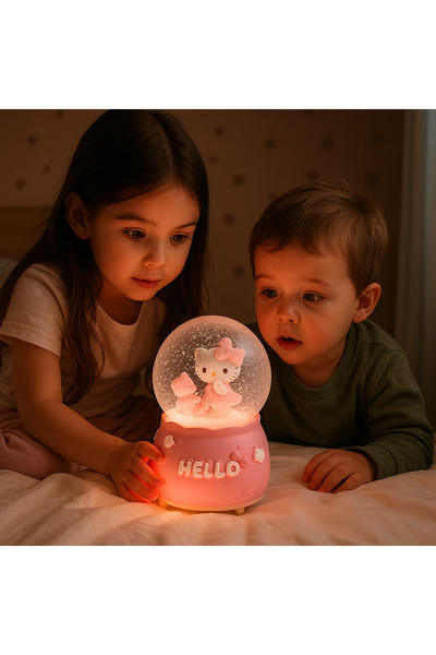 ALYTECH Mega Boy Hello Kitty Işıklı Renkli 3D Cam Kar Küresi Müzikli Kar Efek...