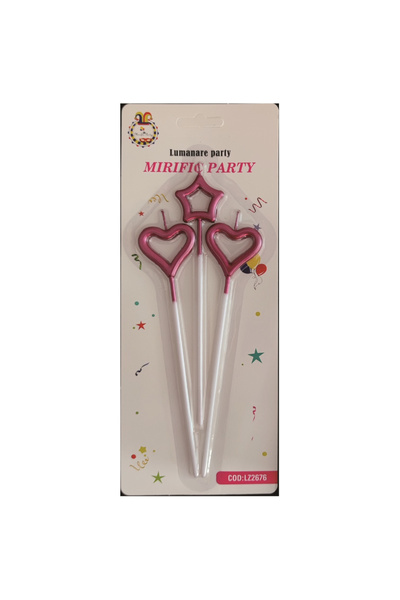 Mirific Party Set de 3 lumânări mov pentru tort, 3 cm, 2 inimioare și stea