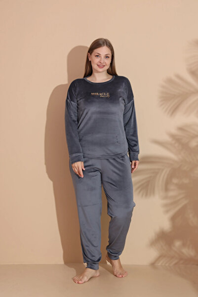 Modestia Estiva 25393 Long Sleeve Oversized Velvet Pajama Set - Anthracite - 4XL