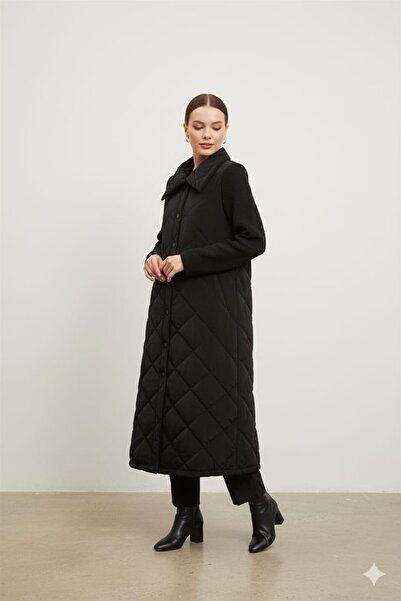 Micca Yüksek Yün İçerikli Kol ve Yan Detaylı Soft Dolgulu Spor Zamansız Manto Kaban-Siyah