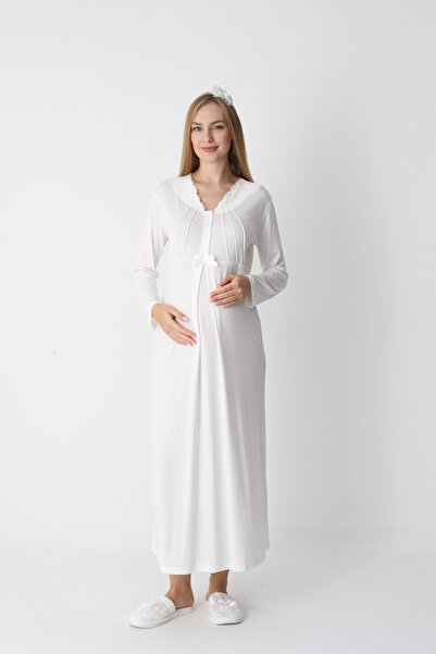 BLACKMORE Women's Ecru Shawl Collar Jacquard Full Length Winter Cotton Maternity Nightgown-Dressing Gown Set