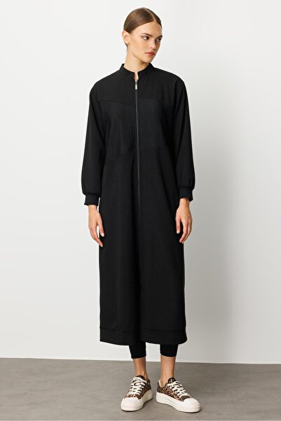 Micca Krep Doku ve Otto Kumaş Geçişli Komple Aatarlı Spor Mevsimlik Zamansız Kap/Trench-Siyah