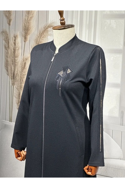 HESNA Mother Women's Plus Size Judge Collar Zippered Pocket Transitional Embroidered Cap Jacket - Araboy