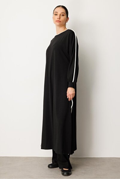 Micca Yüksek Soft Pamuk İçerikli Kontrast Garni Detaylı Pantolonlu Elbise Pantolon Kombin Takım-Siyah