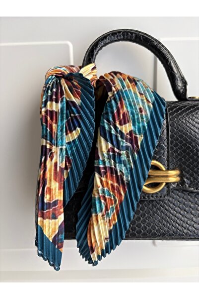 Gais Mavi Kahverengi Desen Piliseli Saten Bandana Fular 50 x 50 cm