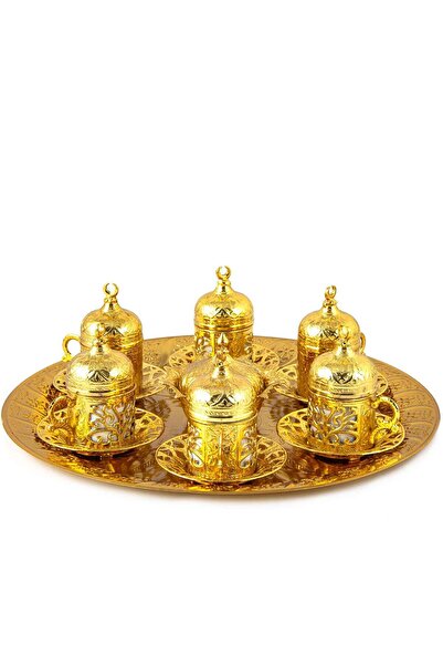 KT HOME Cup Set for 6 People - Copper Ottoman Patterned Turkish Coffee Tray Turkish Delight Cup Coffee Cup Set
