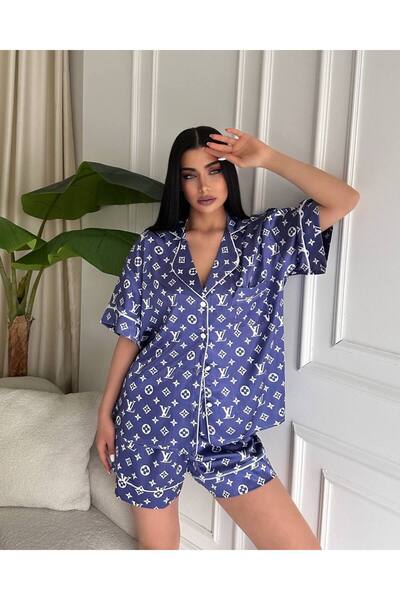 saviniboutique Savi̇ni̇ Victoria Women's Satin Front Buttoned Patterned Shorts Pajama Set