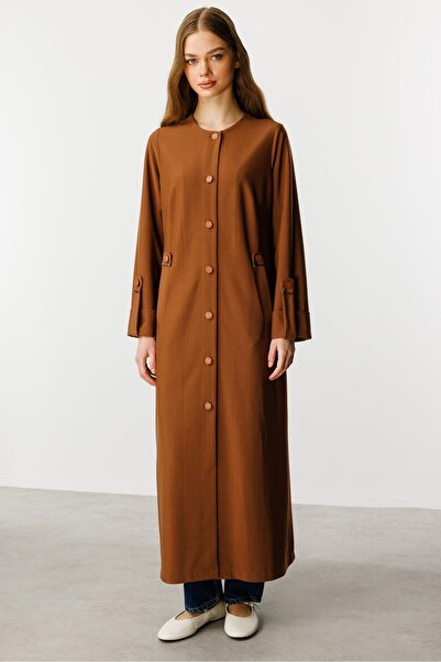 Micca Özel Dökümlü Kumaş Aksesuarlı Kap/ Ferace-Kahve