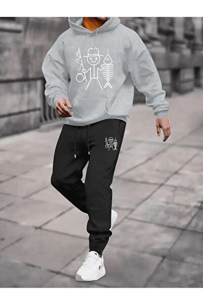 ALEYZA MODA طقم هوديي للرجال قصة فضفاضة بتصميم مرح لصيد الأسماك