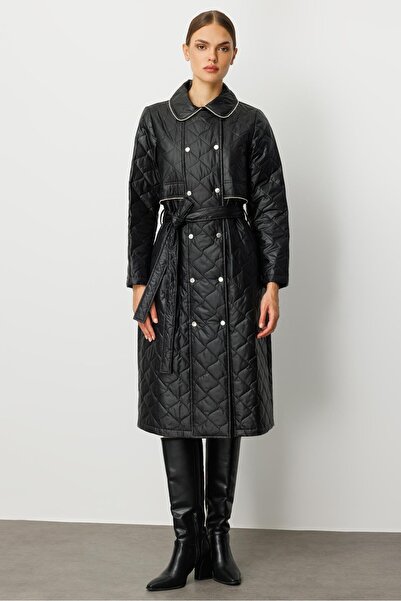 Micca Yumuşak Hafif Kapitone Dolgulu Astarlı ve Taş Biye Garnili Mevsimlik Trench / Kap-Siyah