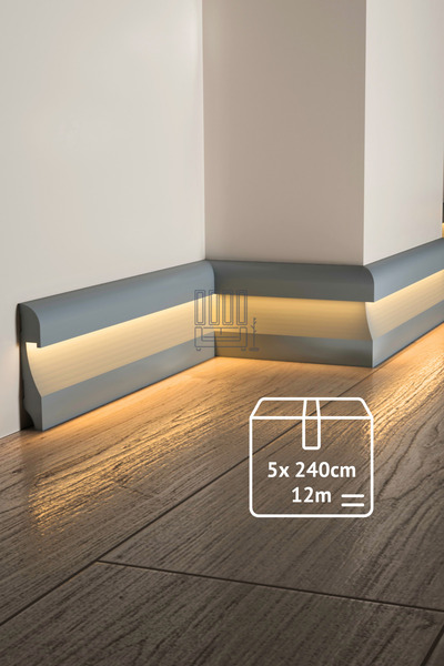 Evime Decor Açık Gri Ledli Süpürgelik, 5 Adet 12m Polimer, Suya Dayanıklı, Ev Zemin Dekorasyonu