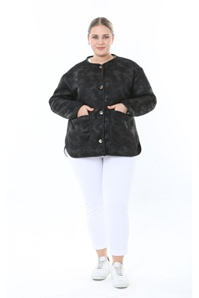 Butik Nilyam Women's Plus Size Button Detailed Inside Lamb Plush Pocket Nubuck Cardigan Jacket 25052