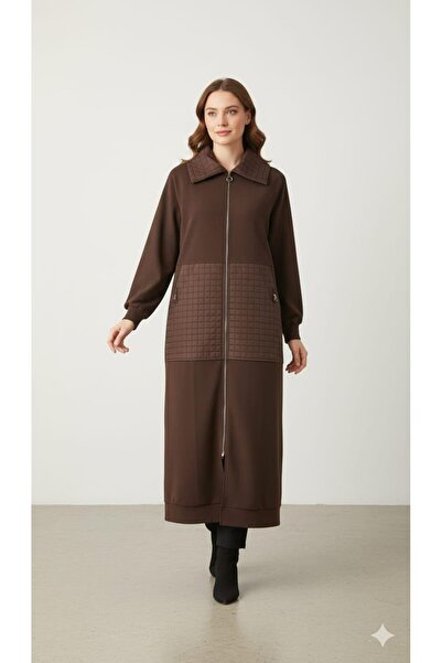 Micca Kare Jakar Kapitone ve Krep Doku Mix Astarlı Mevsimlik Spor Trench Kap-Kahve