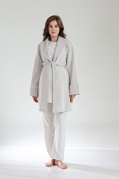 PREGNANT WORLD Women's Beige Melange Shawl Collar Winter Design Long Sleeve Maternity Pajama Set