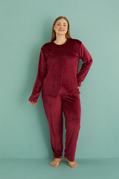 Modestia Mihra 13213 Women's Velvet Long Sleeve Pajama Set - Mürdüm - 5XL