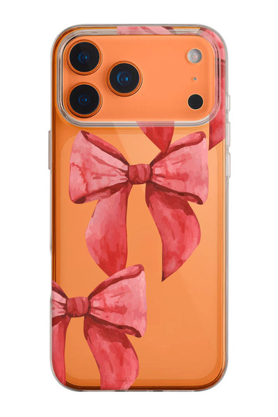 shoptocase iPhone 17 Pro Uyumlu Red Ribbon Desenli Şeffaf Silikon Telefon Kılıfı