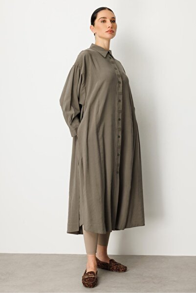 Micca Soft Modal Yırtmaç ve Ön Beden ile Detaylandırılmış Elbise Kap-Haki