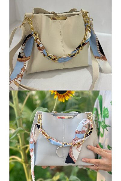 MY VİNTAGE Women's 2-Pack Soft Leather 3-Compartment Handbag and Shoulder Bag with Scarf and Chain Accessories