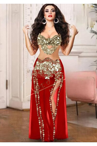 RAHAF TİCARET Seksi ve Parlak Tam İşlemeli Altın Madeni Paralar Oryantal Dans Kostümü 2 Parça Sütyen ve Etek