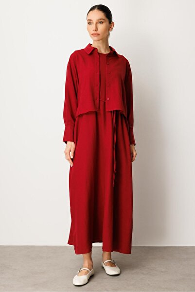 Micca Üst Beden ve Jile İç Kombin İpekçe Elbise Ferace-Bordo