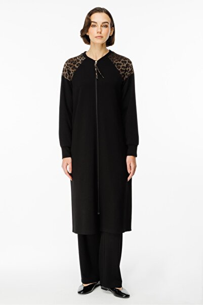 Micca Leopar Omuz Detaylı Örme Zamansız Kap Ferace-Siyah