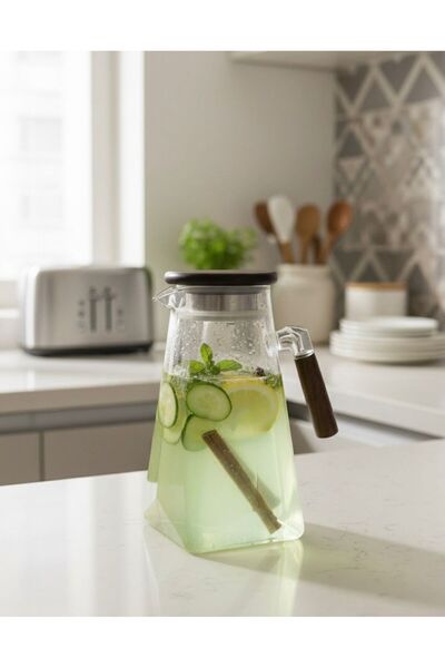 Buğra Home AKASYA KAPAKLI BOROSİLİKAT ISIYA DAYANIKLI KRİSTAL CAM SÜRAHİ/1800ML