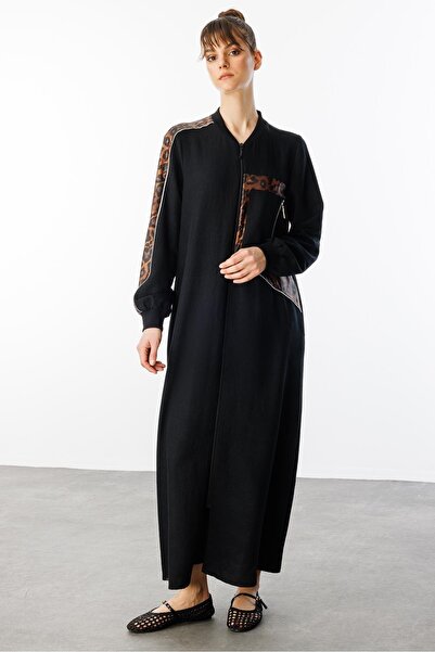 Micca Ht Leopar İnce İpekçe Dökümlü Spor Zamansız Kap Ferace-Siyah