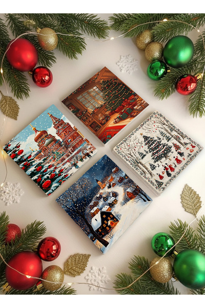 Creatick Design Noel Şehri Çam Ağacı ve Işıklı Sokaklar Doğal Taş Bardak Altl...