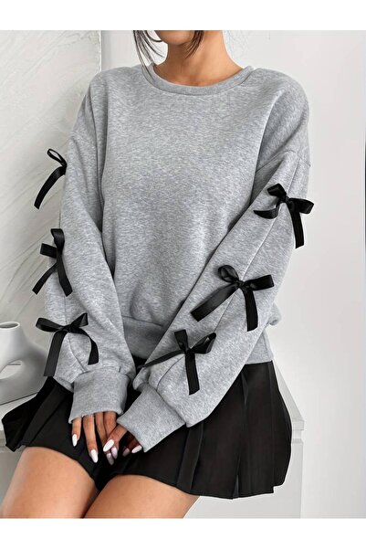 LEONE KOLEKSİYON Stylish Bow Detailed Gray Crew Neck Winter Women's Sweatshirt