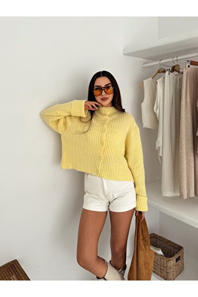 MAXXANA Mock Neck Cotton Cardigan with Folded Sleeves