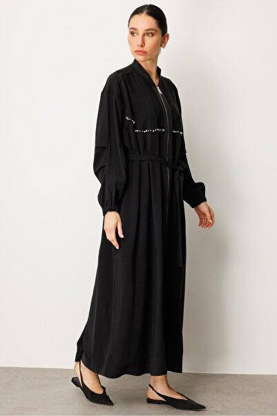 Micca Soft Modal İçerikli Modal Garnili ve Taş İşlemeli Zamansız Ferace Kap-Siyah